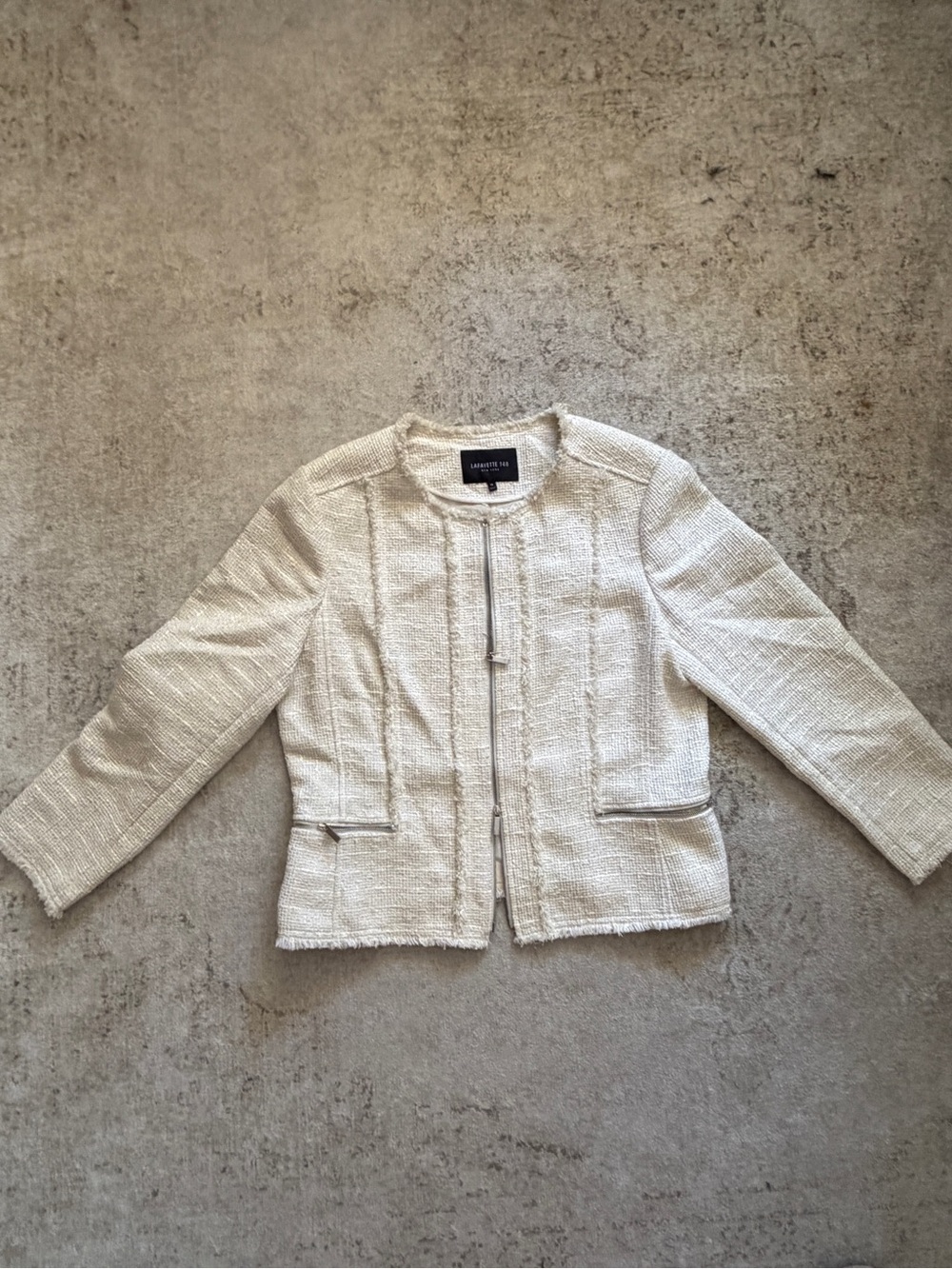 Lafayette 148 New York Noelle Cream Tweed Collarless Zip Jacket